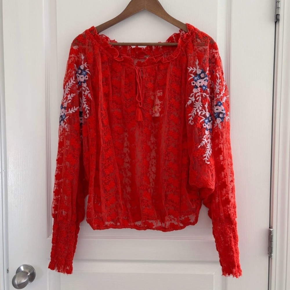 Free People Top Jubilee Floral Embroidered Blouse NWT Red